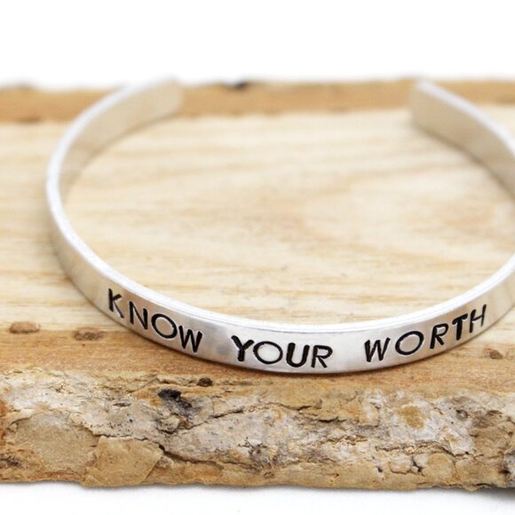 Know Your Worth - Hand Stamped Anodized Aluminum Bangle - Adjustable - Picture 6 of 11